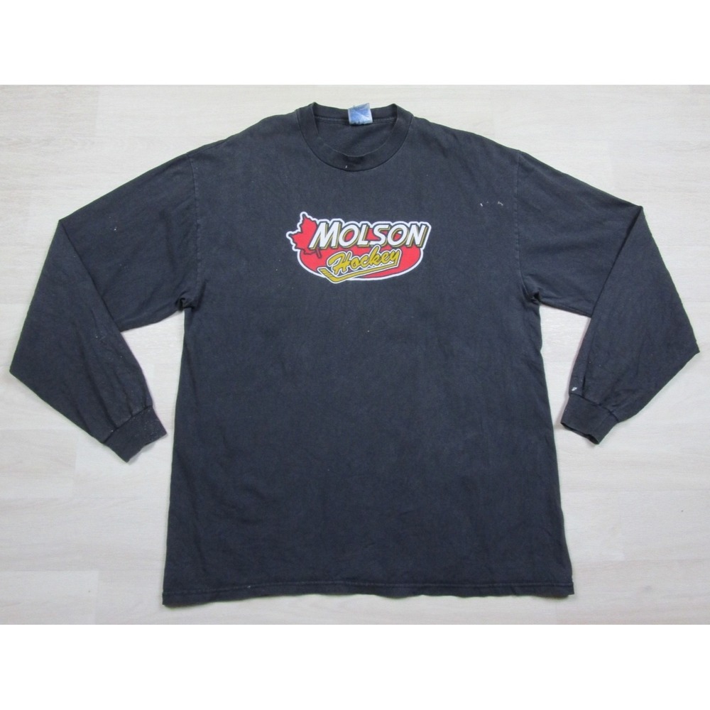 Vintage 90s Molson Hockey T Shirt Men's (XL) Long Sleeve Beer Promo Hanes Beefy